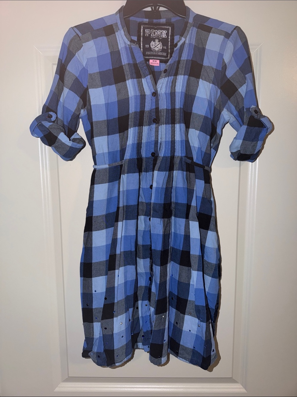 Victoria’s Secret PINK Plaid Top size M Tunic Dress Roll cuff sleeve Shirt VS